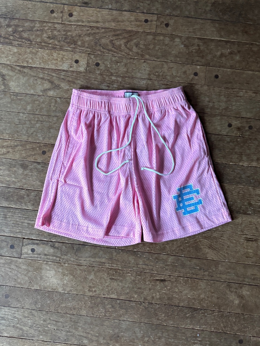mine Pink Mesh Athletic Drawstring Shorts with Blue Logo